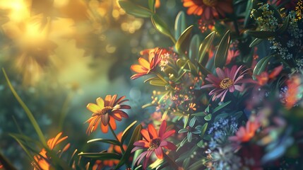 Wall Mural - sunlit wildflowers in a lush garden