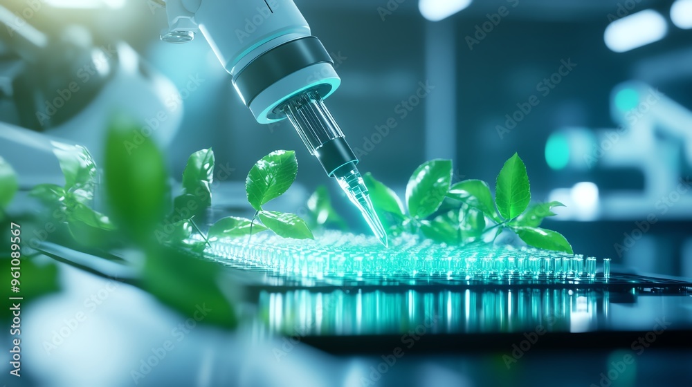 Sterile biotechnology lab with robotic systems handling genetic samples ...
