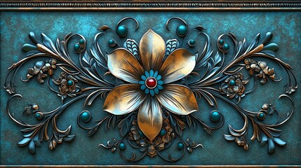 Wall Mural - Ornate metal flower design with turquoise and gold accents.