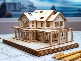 Wall Mural - wooden model house, architectural blueprints, construction plans, building project, home renovation, residential design, structural details, housing development, wooden frame, miniature model