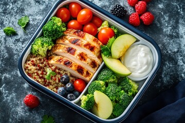 Wall Mural - A healthy meal prep container with chicken, vegetables, fruits, and yogurt.