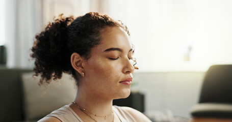 Poster - Woman, face and eyes closed with meditation in home for peace, calm and health for mindfulness. Female person, relax and zen with yoga as activity or hobby for stress relief, wellbeing and self care