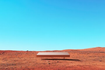 Wall Mural - A sleek, minimalist podium standing alone on the red, rocky surface of Mars, under a bright blue sky, offering ample copy space for product presentation