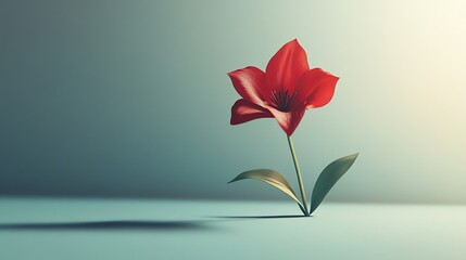 Wall Mural - Single Red Flower with Green Leaves on a Light Blue Background