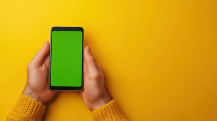 A person holding a smartphone with a green screen against a vibrant yellow background, perfect for mockups and app design.