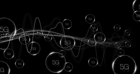 Poster - 5G text animation over abstract waves and circles on black background