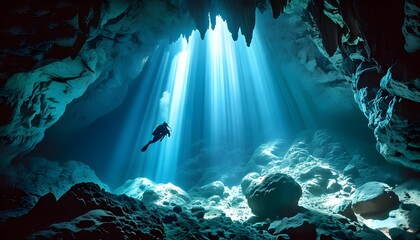 Diving adventure in a serene cave illuminated by a stunning beam of light