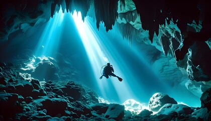 Diving adventure in a serene cave illuminated by a stunning beam of light