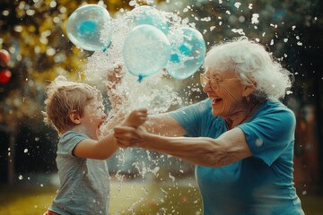 High-resolution brightly lit photorealistic candid photograph of a grandmother and grandchild having a fun time with a water balloon fight in the backyard. The photograph is styled like a high-end