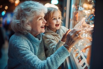 High-resolution brightly lit photorealistic candid photograph of a grandmother and grandchild having a wonderful time at a local science center, engaging with interactive exhibits and sharing