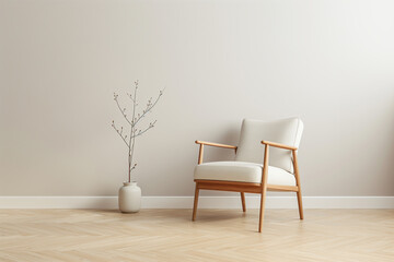 Wall Mural - Wood armchair beige white minimalist style living room empty white wall