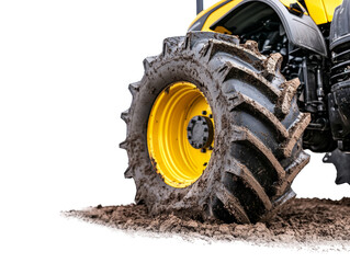 Close up of a yellow tractor tire in muddy terrain, symbolizing agriculture and machinery