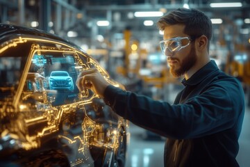 Wall Mural - Very realistic and photographic photo of an engineer working with a holographic interface in a modern electric vehicle factory hall. The scene features metallic golds and deep blues, with a softly