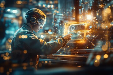 Wall Mural - Very realistic and photographic photo of an engineer at work in a futuristic electric vehicle production environment, analyzing data on a holographic display. The image is illuminated by metallic