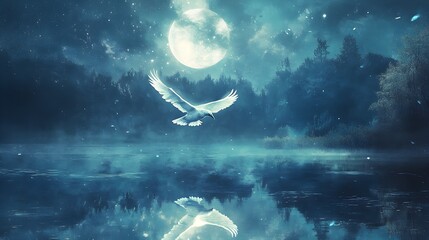 White Bird Flying Over Moonlit Lake at Night