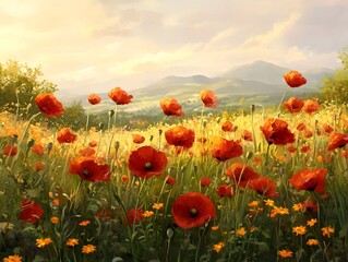 Vibrant Meadow of Crimson Poppies and Golden Marigolds in Picturesque Rural Landscape