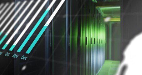 Poster - Data processing animation over server racks in dimly lit data center