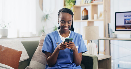 Poster - Black woman, nurse or phone on sofa for text, email or message for news update in home. Caregiver, mobile or smile in living room for healthcare information, chat or happy for medical breakthrough