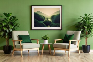 Two armchairs in room with white wall and big frame poster on it. Scandinavian style interior design of modern living room