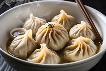 A delicious and mouthwatering image of boiled dumplings nestled in a traditional white porcelain bowl