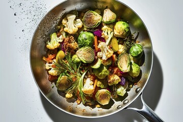 Wall Mural - A vibrant dish featuring crispy fried brussels sprouts, cauliflower florets, and assorted vegetables