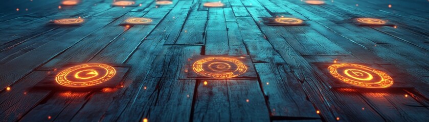 Glowing Orange Magic Circles on Blue Wood Floor