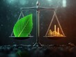 © TPS Studio - Environmental Balance Concept - Leaf and Industrial Factory on Scales Representing Nature vs Industry