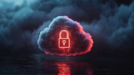 Wall Mural - Secure Cloud Computing Concept with Glowing Red Lock Symbol in Dark Stormy Sky