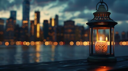 Wall Mural - In front of the skyline of a city a lantern with a candle inside is light