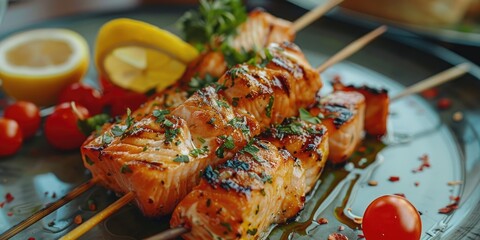 Wall Mural - Skewered Salmon Presented on a Dish