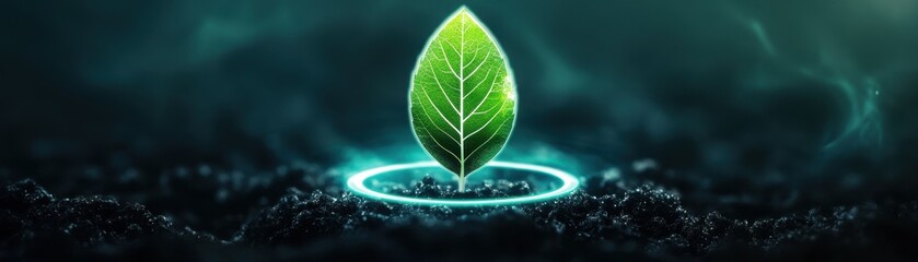 Wall Mural - Futuristic Green Leaf Growing in Dark Soil with Glowing Halo, Symbolizing Sustainable Technology and Environmental Innovation