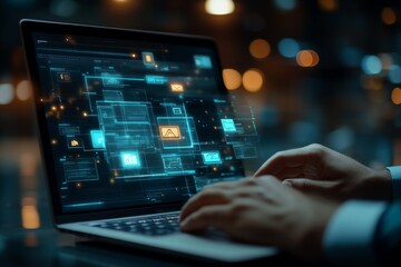 A man using a laptop with a digital document management system interface and documents icon on a transparent screen, representing the concept of business process integration. 