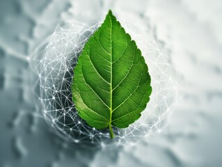 Wall Mural - Close-Up of a Green Leaf with Digital Network Connections on a Soft Gray Background