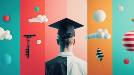 A collage of images showcasing different aspects of a graduation ceremony, emphasizing success, achievement, and the key to future endeavors.