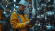 © NE97 - A factory engineer holding a tablet, representing the concept of smart industry control and technology.