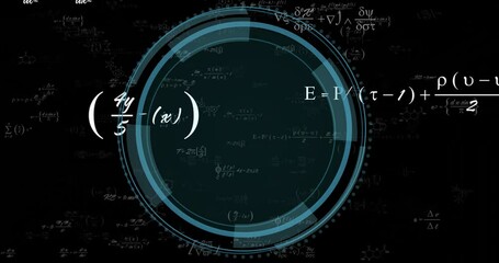 Poster - Mathematical equations and scientific formulas animation over circular digital interface