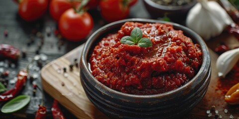 Soy-based tomato sauce paste with salt and spices, an enticing plant-based meat substitute.