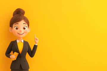 a cheerful cartoon woman in business attire points with a smile against a bright yellow background, 