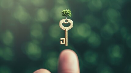 Wall Mural - Close-up of a key floating above a hand reaching upwards, illustrating the aspiration and determination behind maintaining a positive mindset towards achieving success.