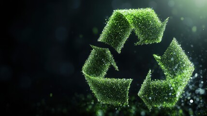 Wall Mural - Eco-Friendly Recycling Symbol Made of Green Grass on Dark Background Highlighting Environmental Conservation