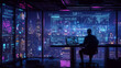 © Heidi - A tech entrepreneur in a high-rise office, brainstorming ideas with sketches and diagrams on large glass windows. The view outside shows a futuristic cityscape bathed in neon lights.