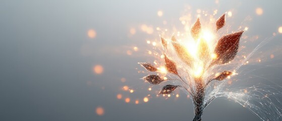 Wall Mural - Abstract Digital Tree with Glowing Leaves and Light Particles on a Gradient Background