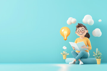 A cheerful person reading a book with lightbulb ideas and plants around, representing creativity and imagination in a vibrant setting.