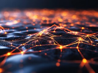 Wall Mural - Abstract Digital Network with Glowing Orange Nodes and Lines on Dark Background