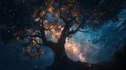 Wall Mural - A large, majestic tree stands against a backdrop of a starry night sky. The tree's dark silhouette is highlighted by glowing light that seems to emanate from within its leaves, creating a magical, eth