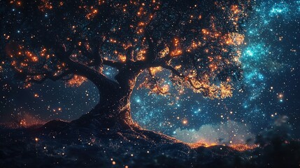 Wall Mural - A magnificent tree stands against a starry night sky, its branches holding glowing lights that resemble tiny, radiant orbs. The scene evokes a sense of magic and wonder, as the tree appears to merge w