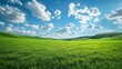 © kaiserseeing - A wide, green field stretches under a bright blue sky with fluffy white clouds, creating a serene and peaceful landscape.