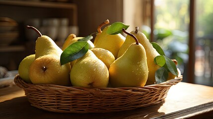 view of fresh ripe pears in a wicker basket