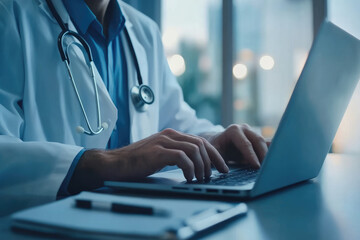 Medical professional working on a laptop, wearing a stethoscope, focused on patient care and documentation in a modern clinical setting with soft ambient lighting.