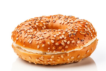 Bagel isolated on a white background. Fresh baked buttery bagel with sesame seeds